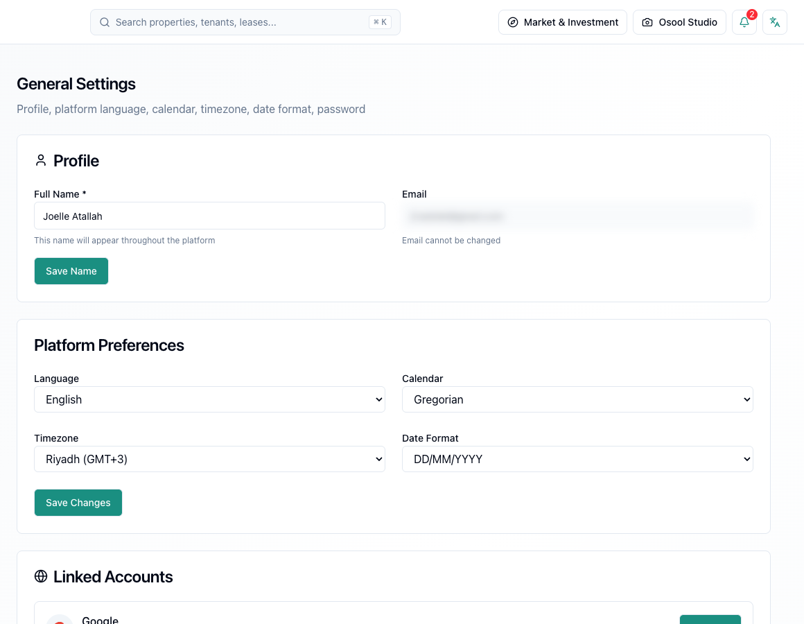 Osool account settings dashboard